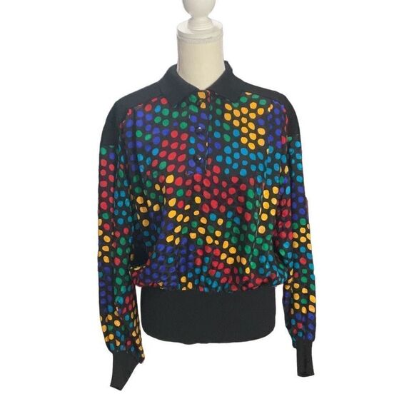 Adrianna Papell Tops - Adrianna Papell Vtg Silk Collared Long Sleeve Blouse Sweater hem Polka Dot Sz 14